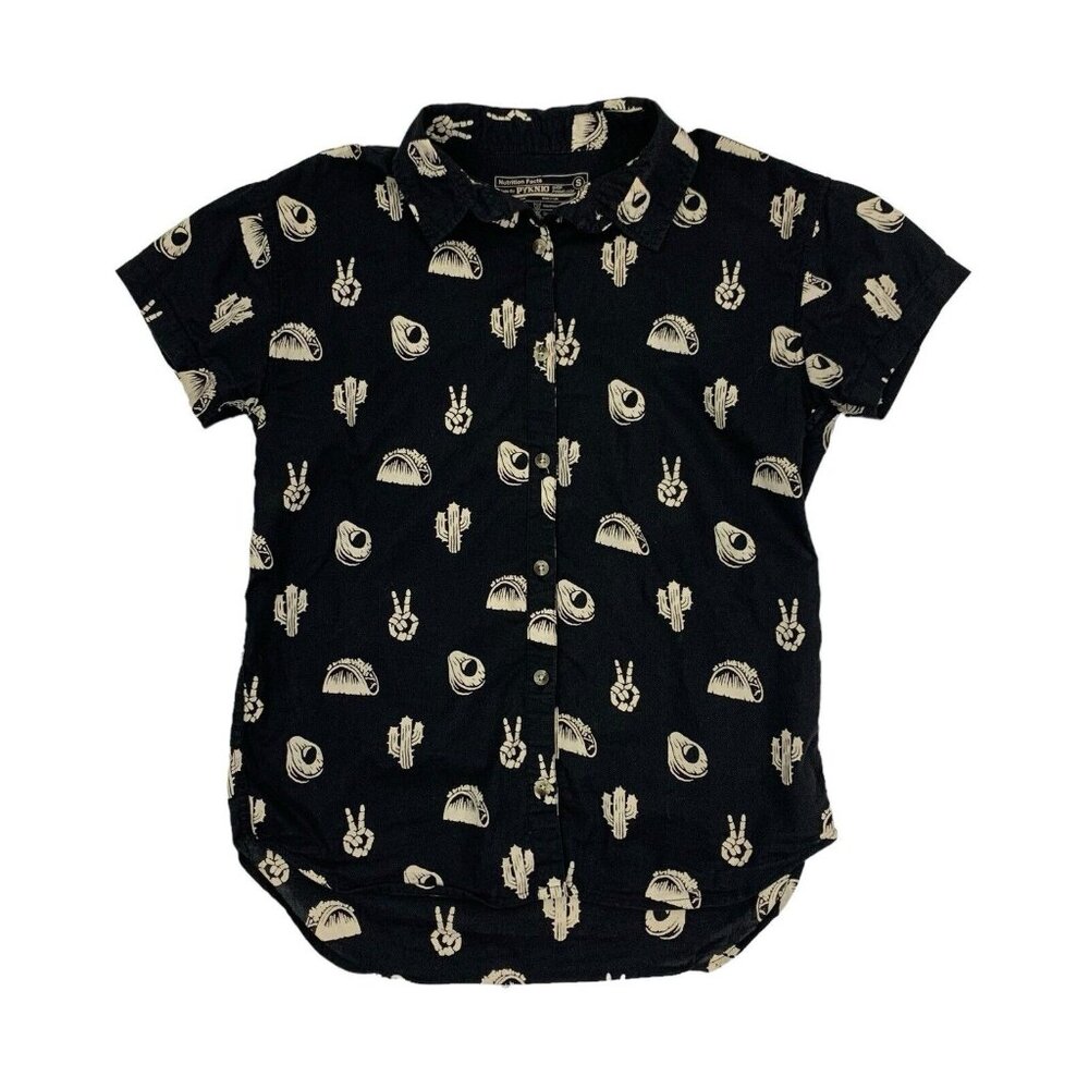 Pyknic Men’s Button Down Shirt Small Short Sleeve Black Tacos Avocado Print